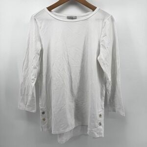 Hinson Wu Womens M White Long Sleeve Button Side Vent Crew Neck Top Size Medium